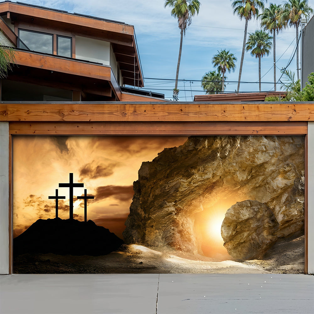 Christian Easter Garage Door Banner Decoration - Shadow of the Cross, Light of the Tomb
