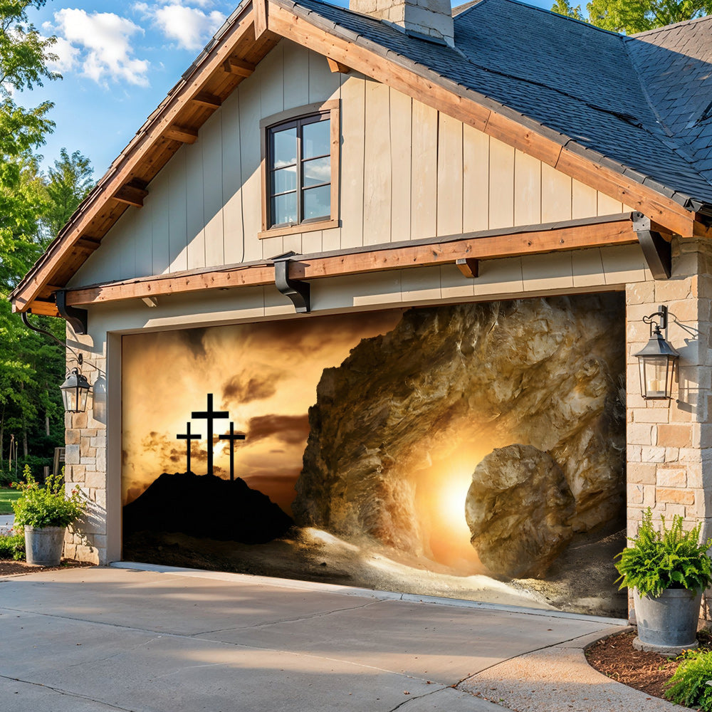 Christian Easter Garage Door Banner Decoration - Shadow of the Cross, Light of the Tomb