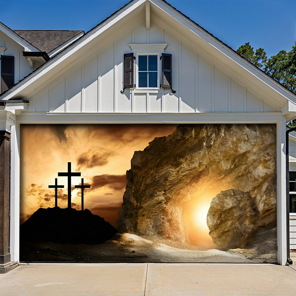 Christian Easter Garage Door Banner Decoration - Shadow of the Cross, Light of the Tomb