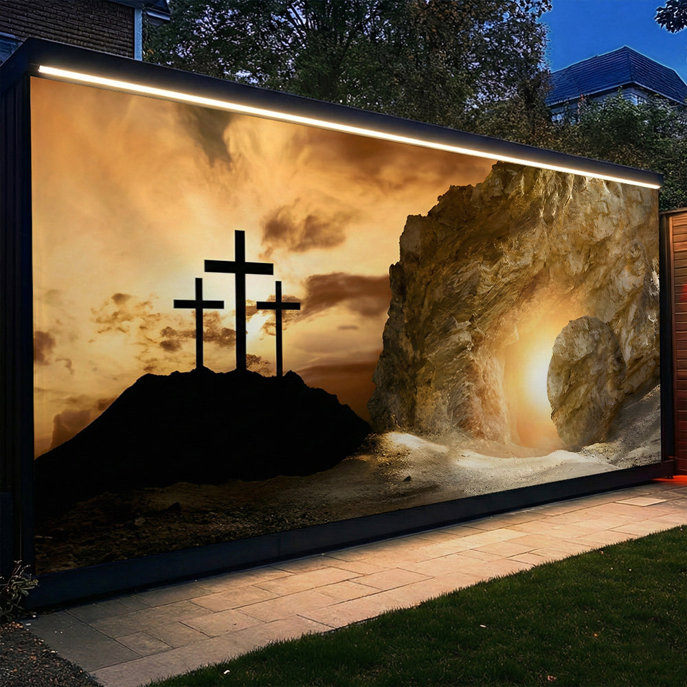 Christian Easter Garage Door Banner Decoration - Shadow of the Cross, Light of the Tomb