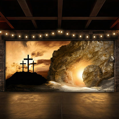 Christian Easter Garage Door Banner Decoration - Shadow of the Cross, Light of the Tomb