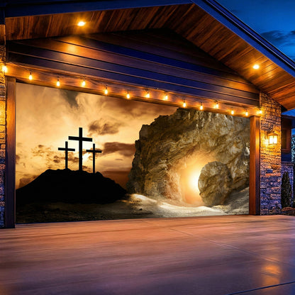 Christian Easter Garage Door Banner Decoration - Shadow of the Cross, Light of the Tomb