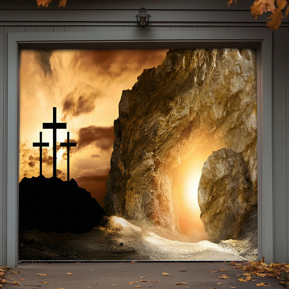 Christian Easter Garage Door Banner Decoration - Shadow of the Cross, Light of the Tomb