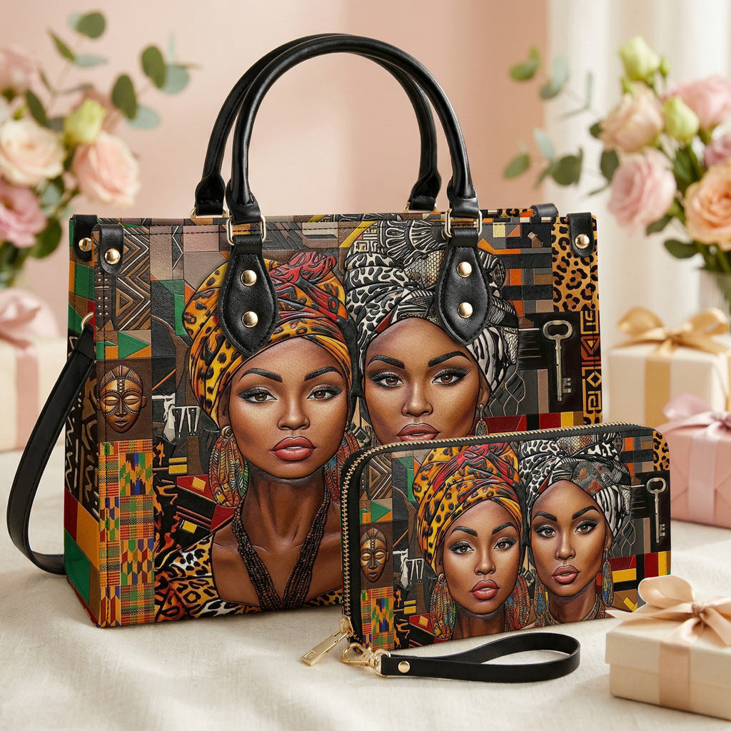 Black Women Handbag & Wallet Set 2D Print Queens Of The Motherland