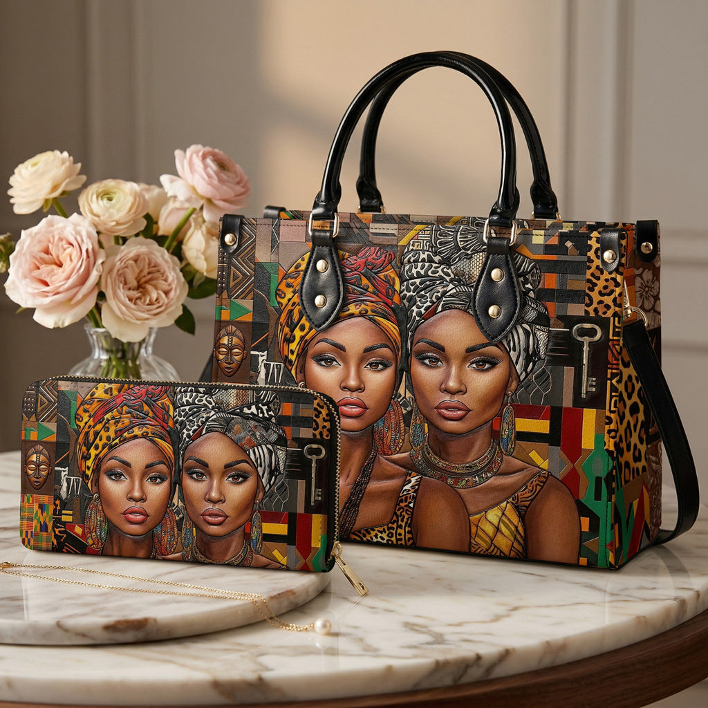 Black Women Handbag & Wallet Set 2D Print Queens Of The Motherland