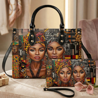 Black Women Handbag & Wallet Set 2D Print Queens Of The Motherland
