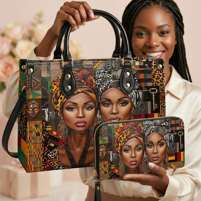 Black Women Handbag & Wallet Set 2D Print Queens Of The Motherland