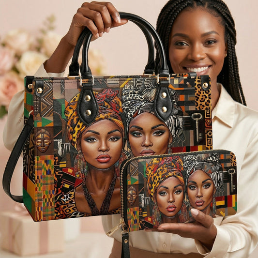 Black Women Handbag & Wallet Set 2D Print Queens Of The Motherland