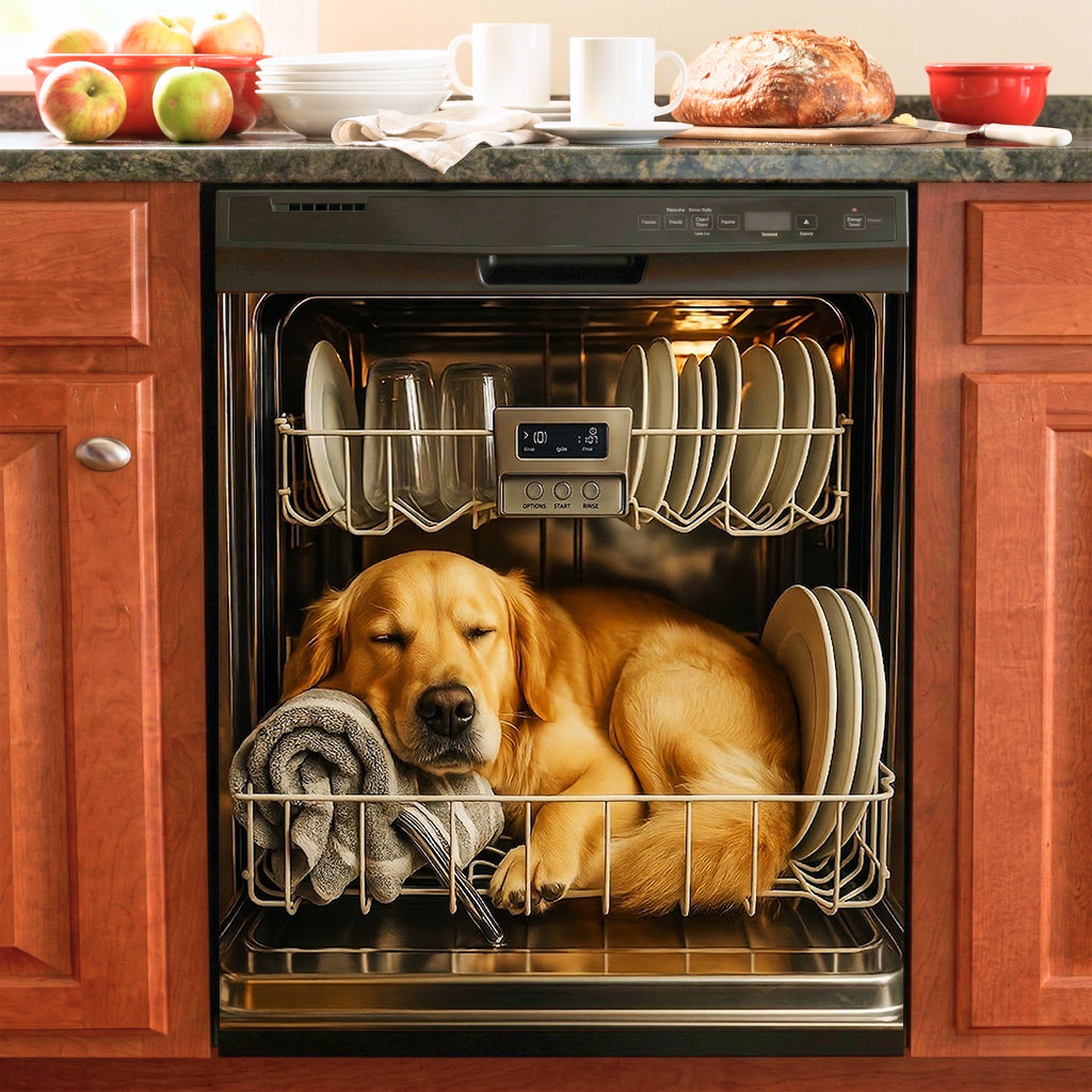 Dog Lover Magnetic Dishwasher Cover Sleeping Goldie