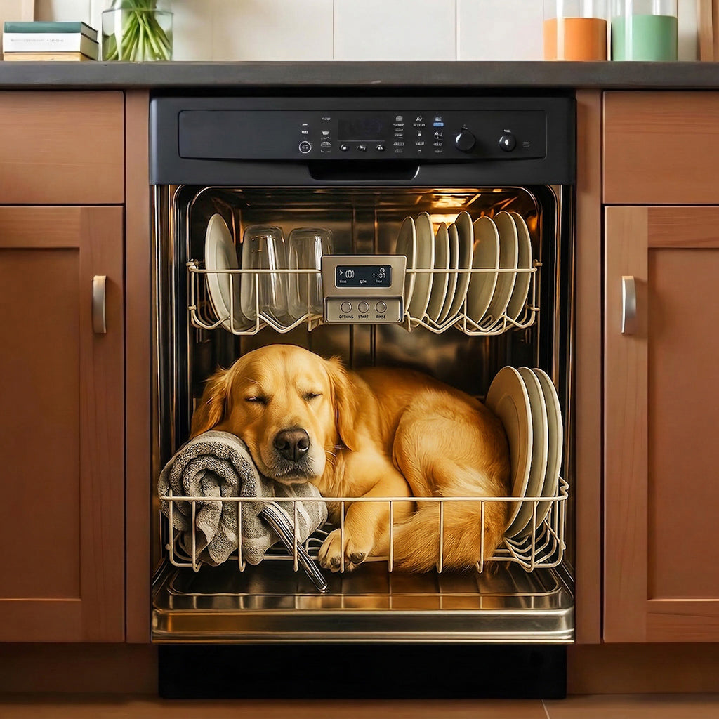 Dog Lover Magnetic Dishwasher Cover Sleeping Goldie