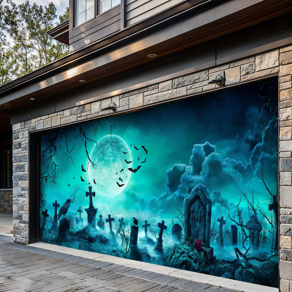 Halloween Garage Door Banner Decoration Eerie Cemetery Night