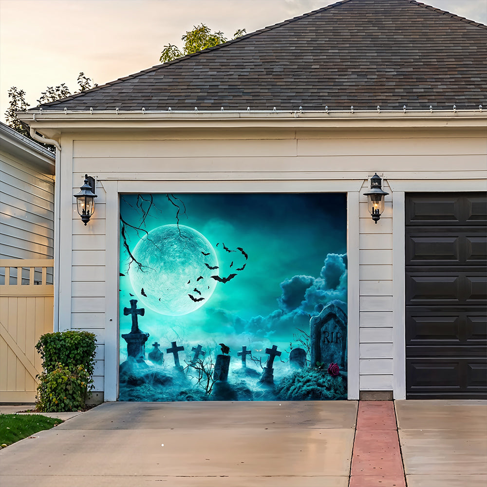 Halloween Garage Door Banner Decoration Eerie Cemetery Night