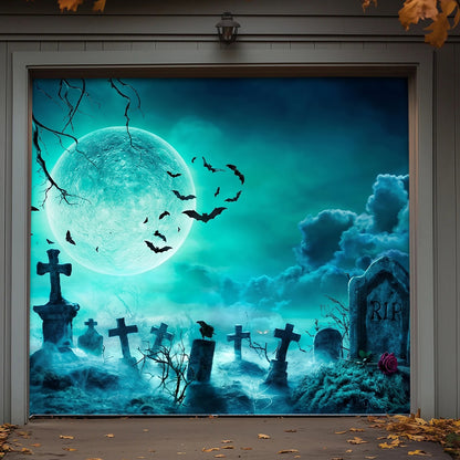 Halloween Garage Door Banner Decoration Eerie Cemetery Night