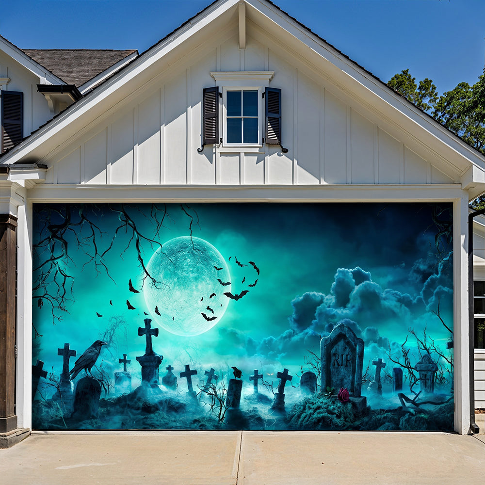 Halloween Garage Door Banner Decoration Eerie Cemetery Night