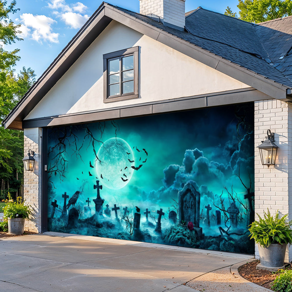 Halloween Garage Door Banner Decoration Eerie Cemetery Night