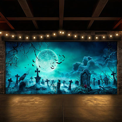 Halloween Garage Door Banner Decoration Eerie Cemetery Night