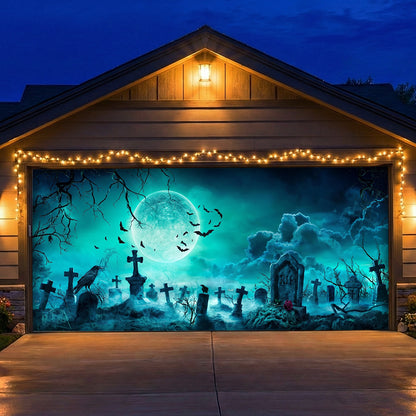 Halloween Garage Door Banner Decoration Eerie Cemetery Night