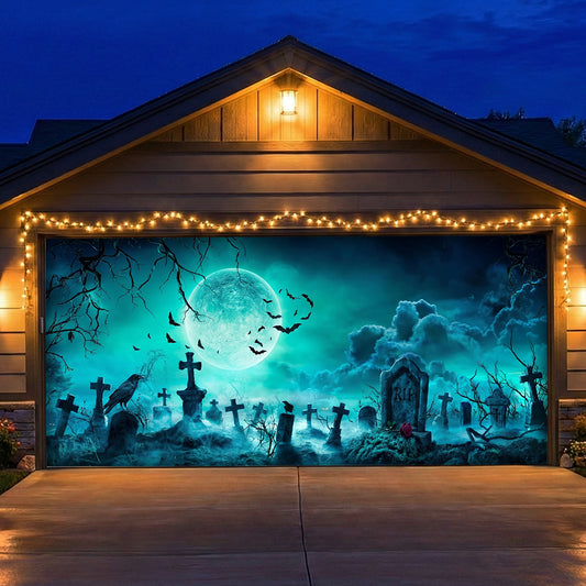 Halloween Garage Door Banner Decoration Eerie Cemetery Night