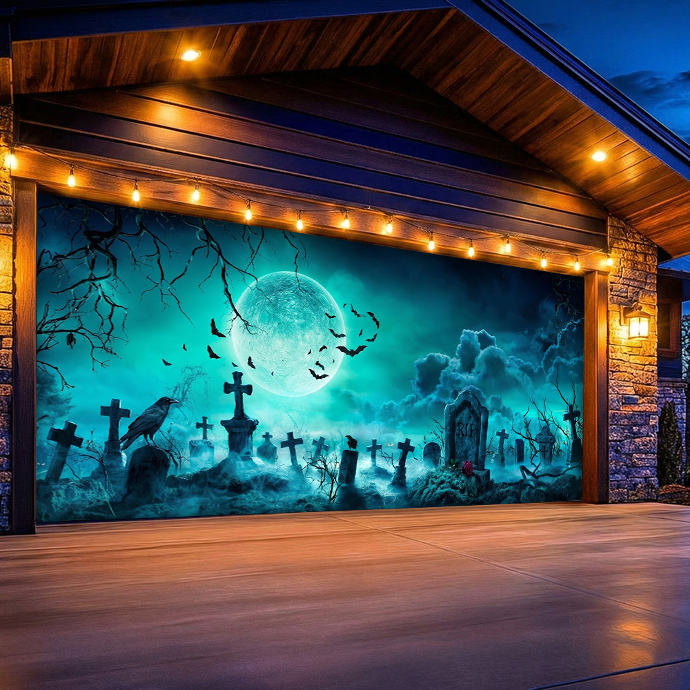 Halloween Garage Door Banner Decoration Eerie Cemetery Night