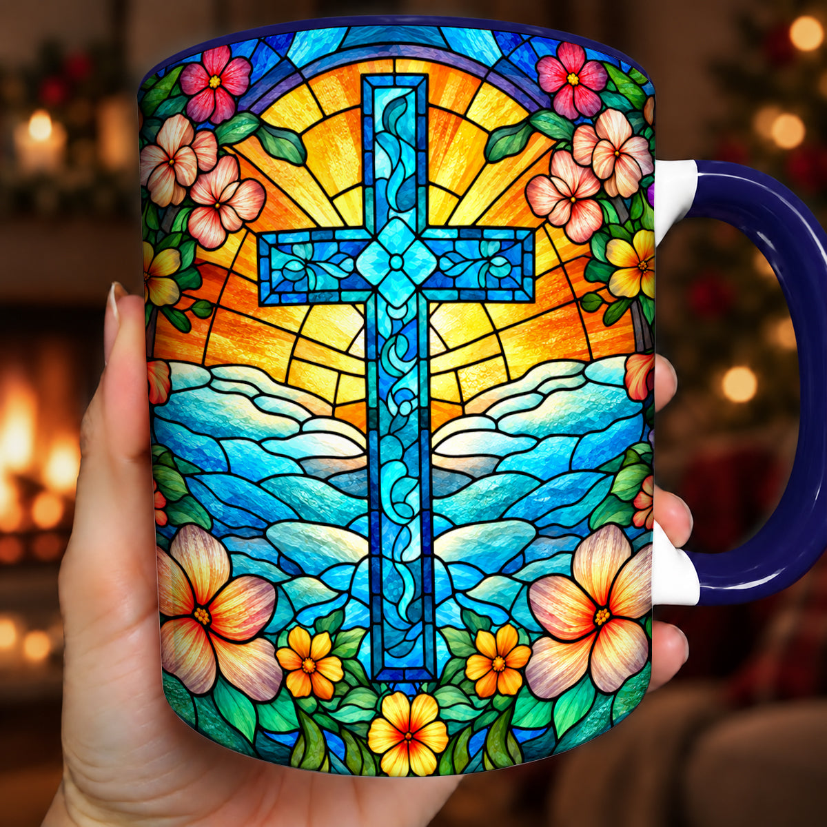 Christian Ceramic Accent Mug Stained Glass Cross