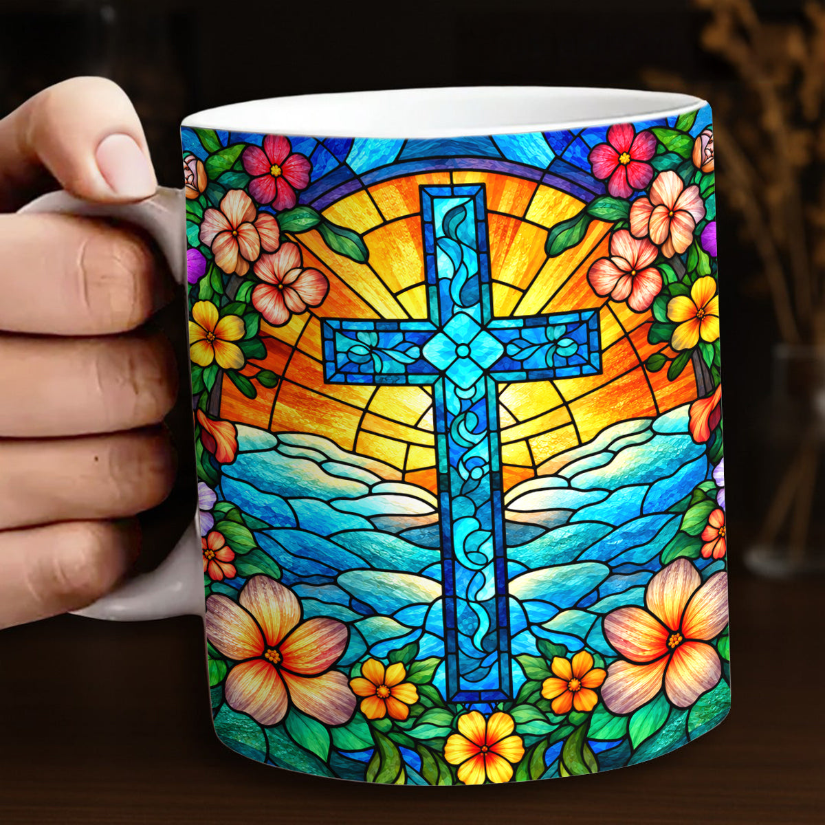 Christian Ceramic Accent Mug Stained Glass Cross