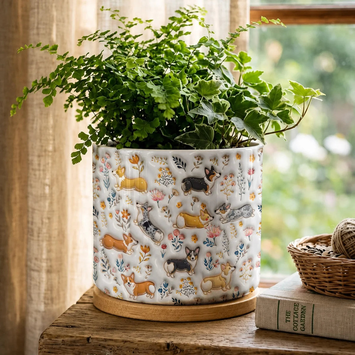 Corgi Flat Print Ceramic Plant Pot Happy Field Flowers