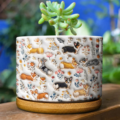 Corgi Flat Print Ceramic Plant Pot Happy Field Flowers