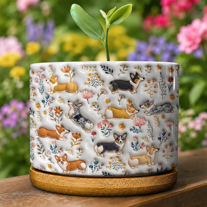 Corgi Flat Print Ceramic Plant Pot Happy Field Flowers