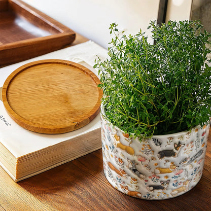 Corgi Flat Print Ceramic Plant Pot Happy Field Flowers