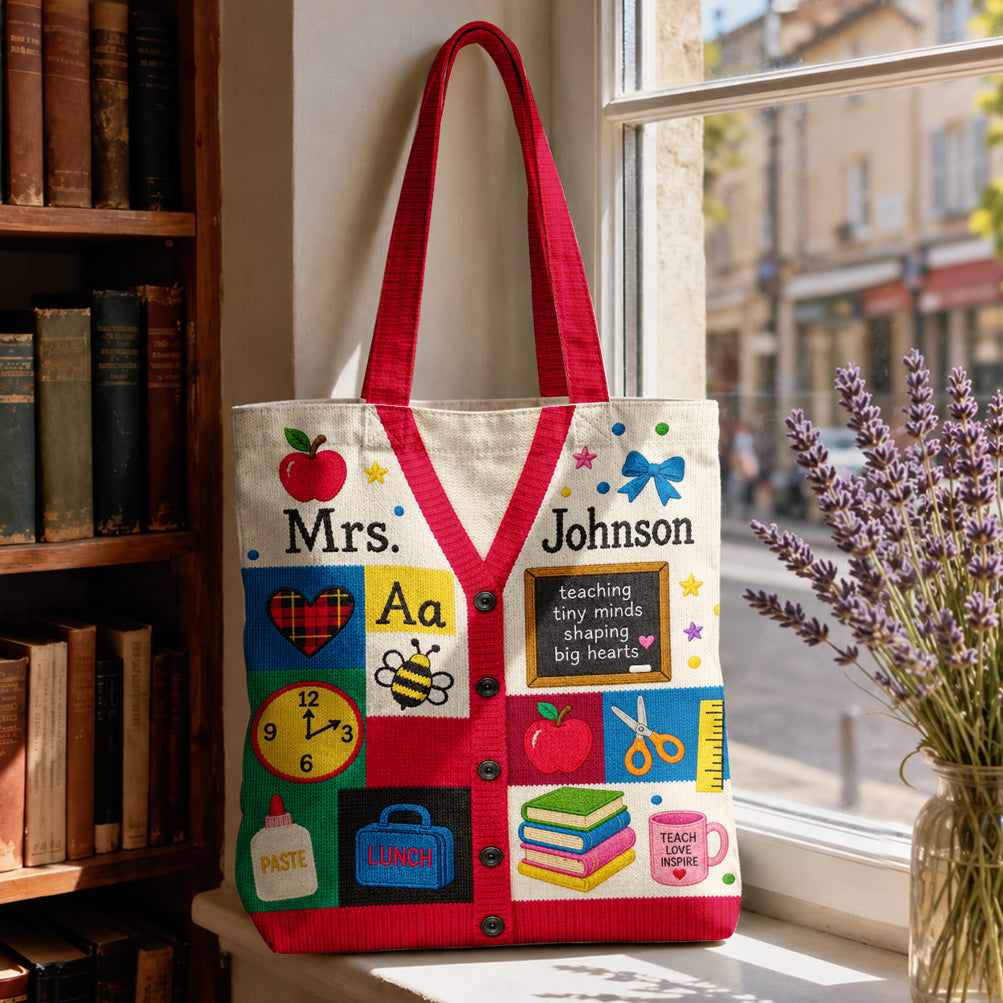 Teacher Canvas Tote Bag Personalized Cardigan Style Teaching Tiny Minds
