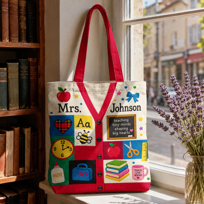 Teacher Canvas Tote Bag Personalized Cardigan Style Teaching Tiny Minds