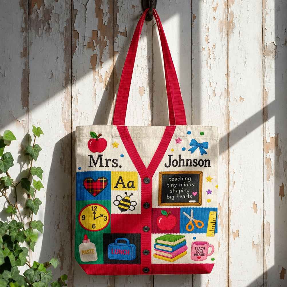Teacher Canvas Tote Bag Personalized Cardigan Style Teaching Tiny Minds