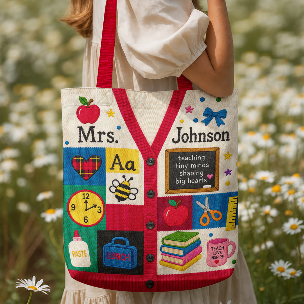 Teacher Canvas Tote Bag Personalized Cardigan Style Teaching Tiny Minds