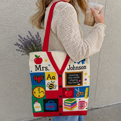 Teacher Canvas Tote Bag Personalized Cardigan Style Teaching Tiny Minds