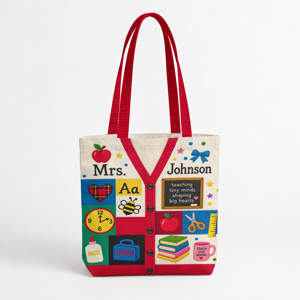 Teacher Canvas Tote Bag Personalized Cardigan Style Teaching Tiny Minds