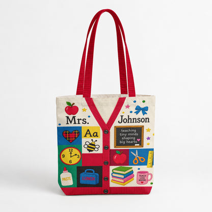 Teacher Canvas Tote Bag Personalized Cardigan Style Teaching Tiny Minds