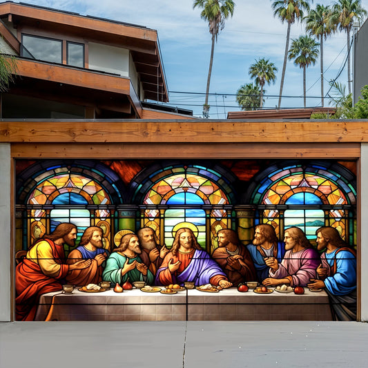 God Garage Door Banner Decoration -  The Last Supper In Stained Glass