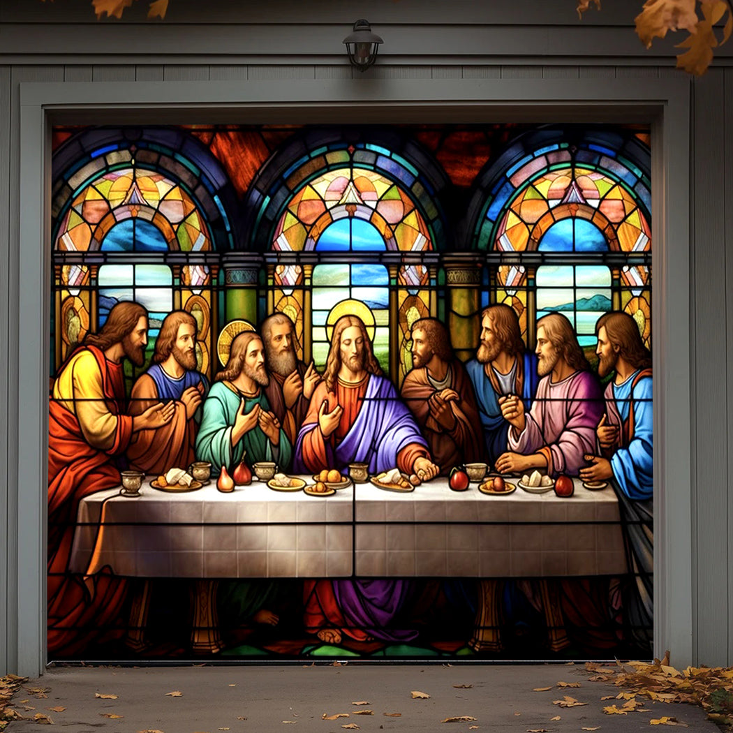 God Garage Door Banner Decoration -  The Last Supper In Stained Glass