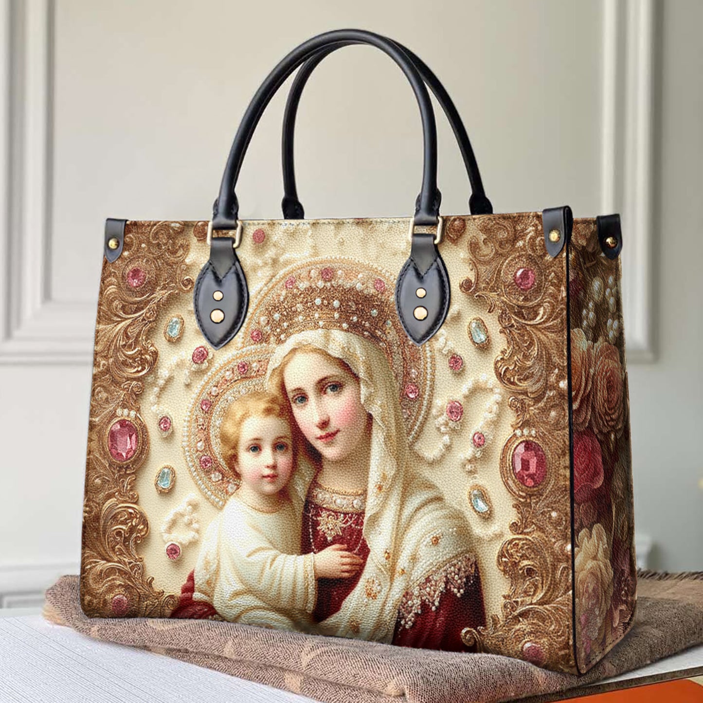Christian 2D Print Leather Handbag The Virgin And Child