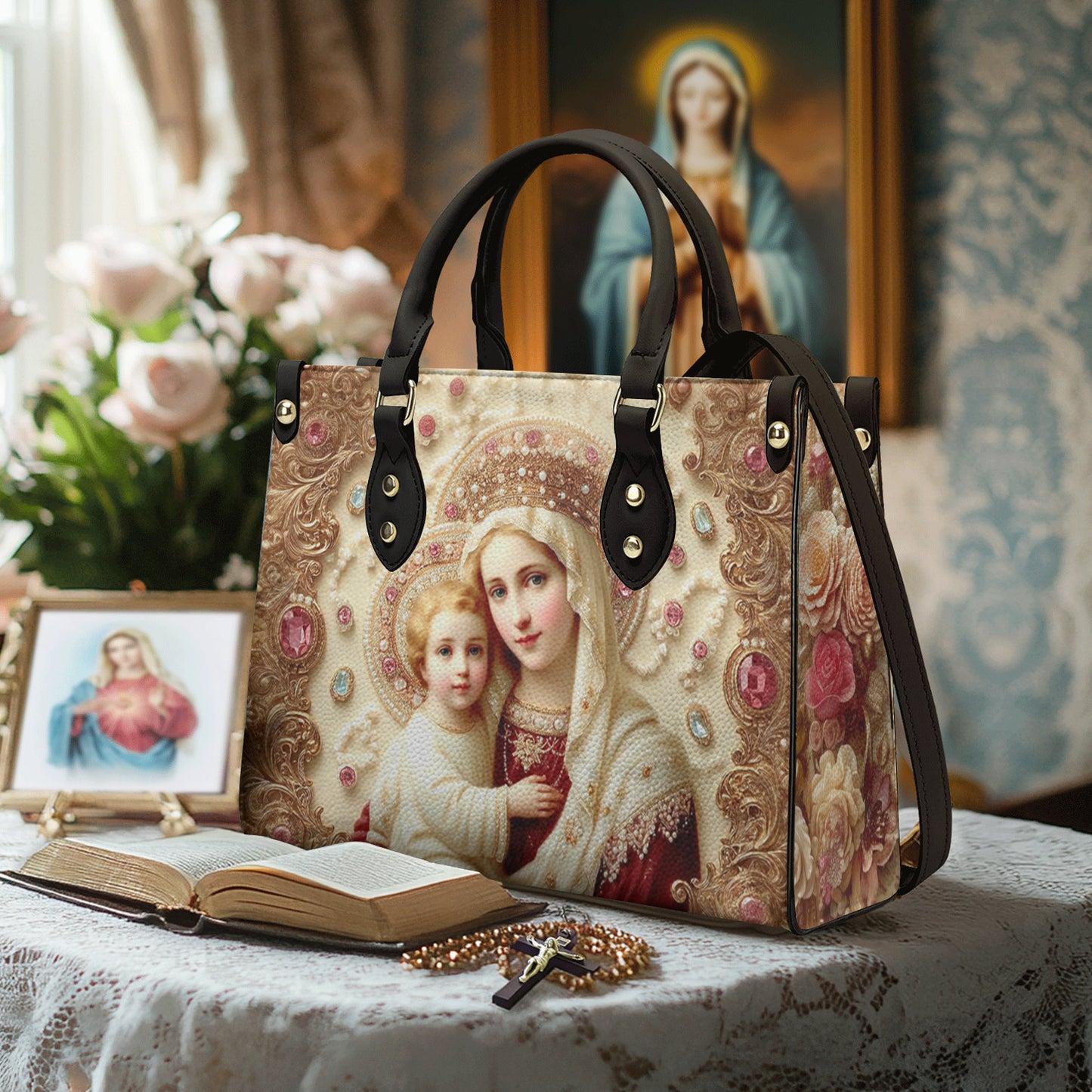 Christian 2D Print Leather Handbag The Virgin And Child