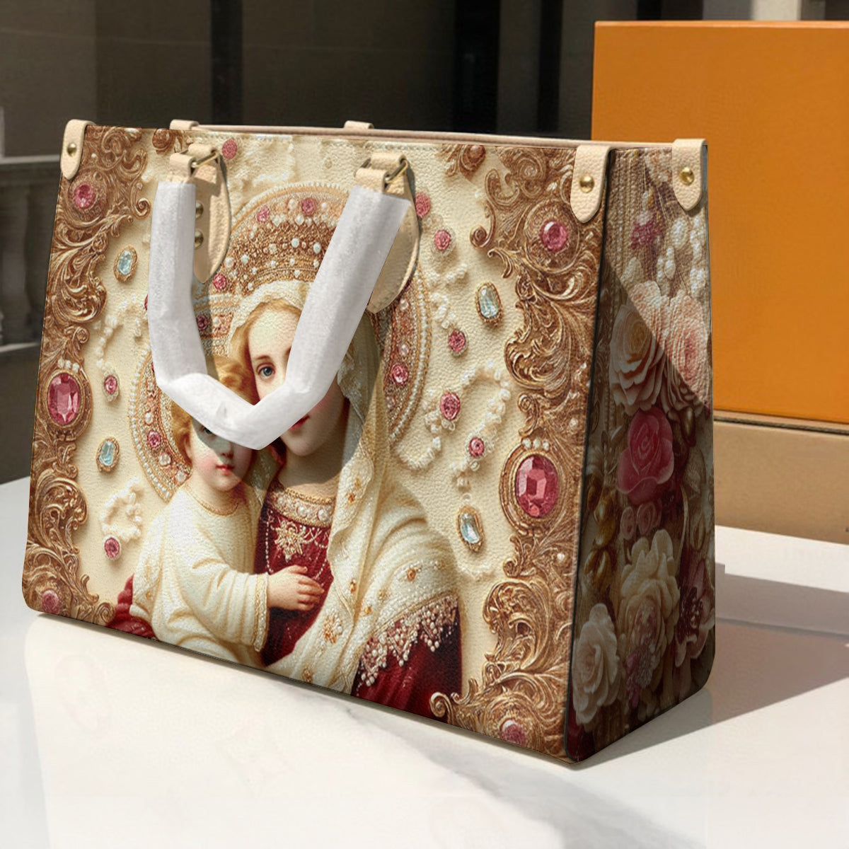 Christian 2D Print Leather Handbag The Virgin And Child