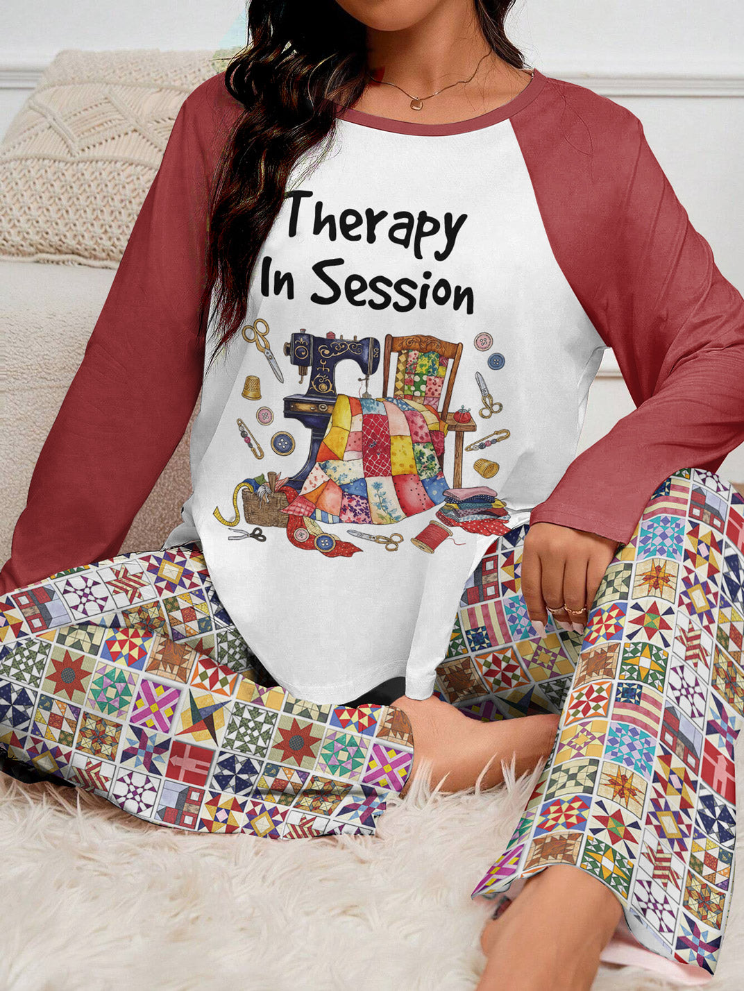 Quilting Lover Raglan Lounge Pajamas Therapy In Session