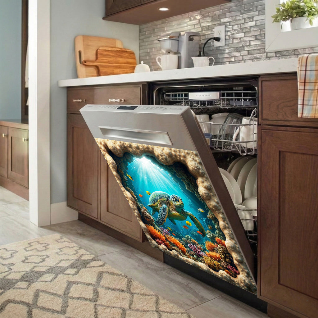 Sea Turtle Magnetic Dishwasher Cover Through The Coral