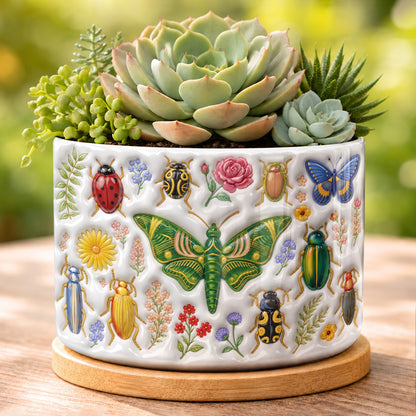 Nature Lover Ceramic Plant Pot with Bamboo Tray Tiny Garden Creatures