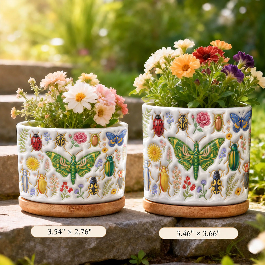 Nature Lover Ceramic Plant Pot with Bamboo Tray Tiny Garden Creatures