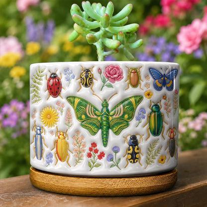 Nature Lover Ceramic Plant Pot with Bamboo Tray Tiny Garden Creatures