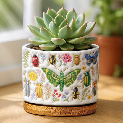 Nature Lover Ceramic Plant Pot with Bamboo Tray Tiny Garden Creatures