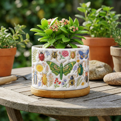 Nature Lover Ceramic Plant Pot with Bamboo Tray Tiny Garden Creatures