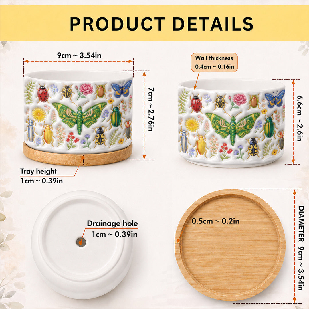 Nature Lover Ceramic Plant Pot with Bamboo Tray Tiny Garden Creatures