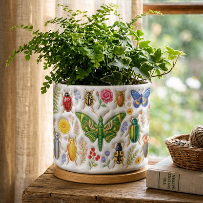 Nature Lover Ceramic Plant Pot with Bamboo Tray Tiny Garden Creatures